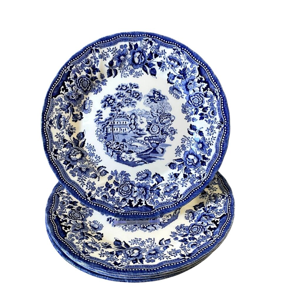 Queens England TONQUIN Porcelain Dinner Plates 10in Blue & White Set of 4 NEW